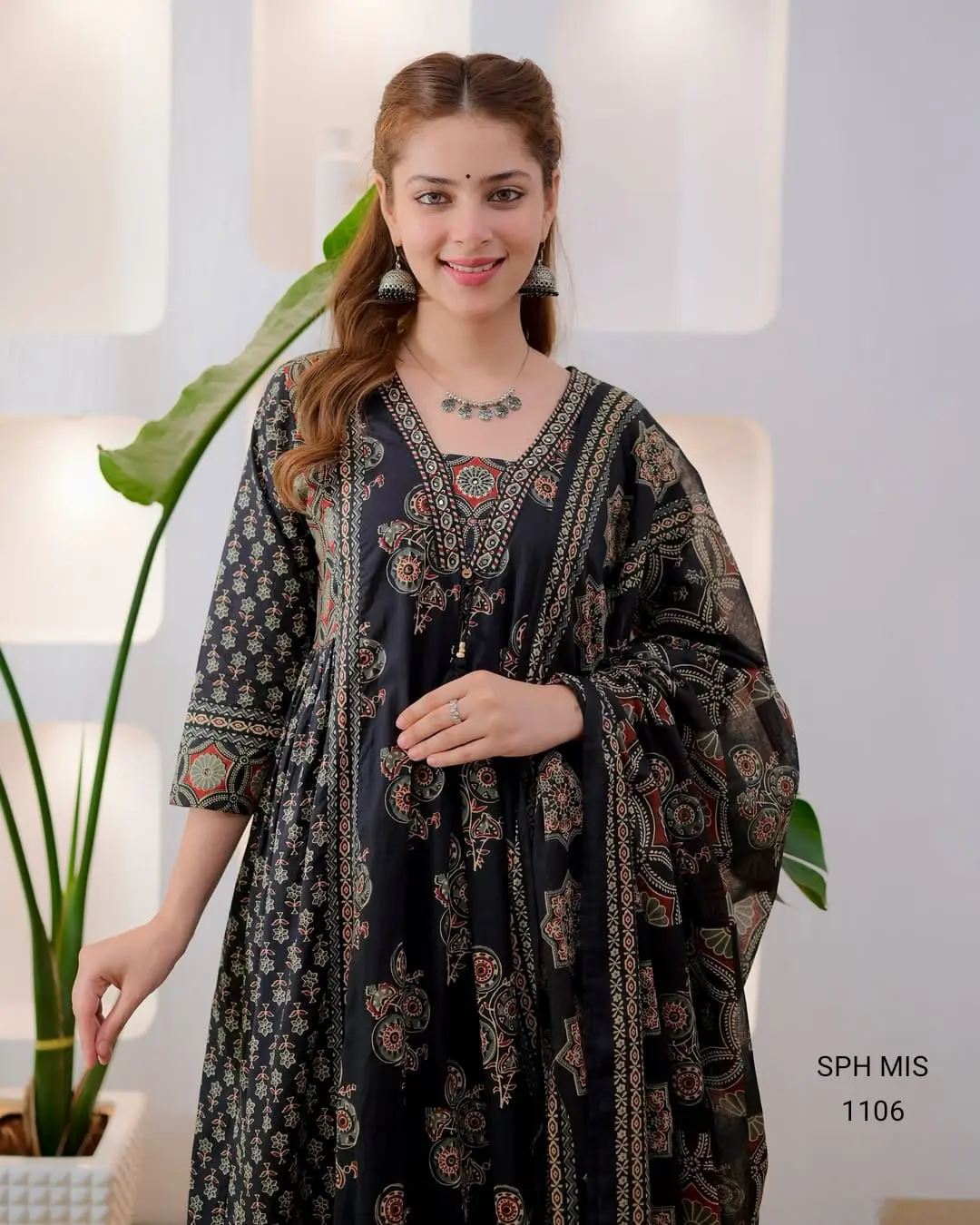 Pure Cotton Ajrakh Print Anarkali Suit Set with Handworked Neck & Dupatta